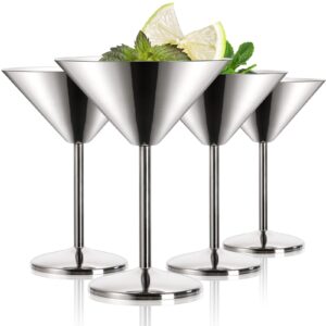 peohud 4 pack stainless steel martini glasses, 8 oz unbreakable cocktail glasses for margarita, manhattan, champagne, bar, party, 18/8 mirror polished finish, shatterproof