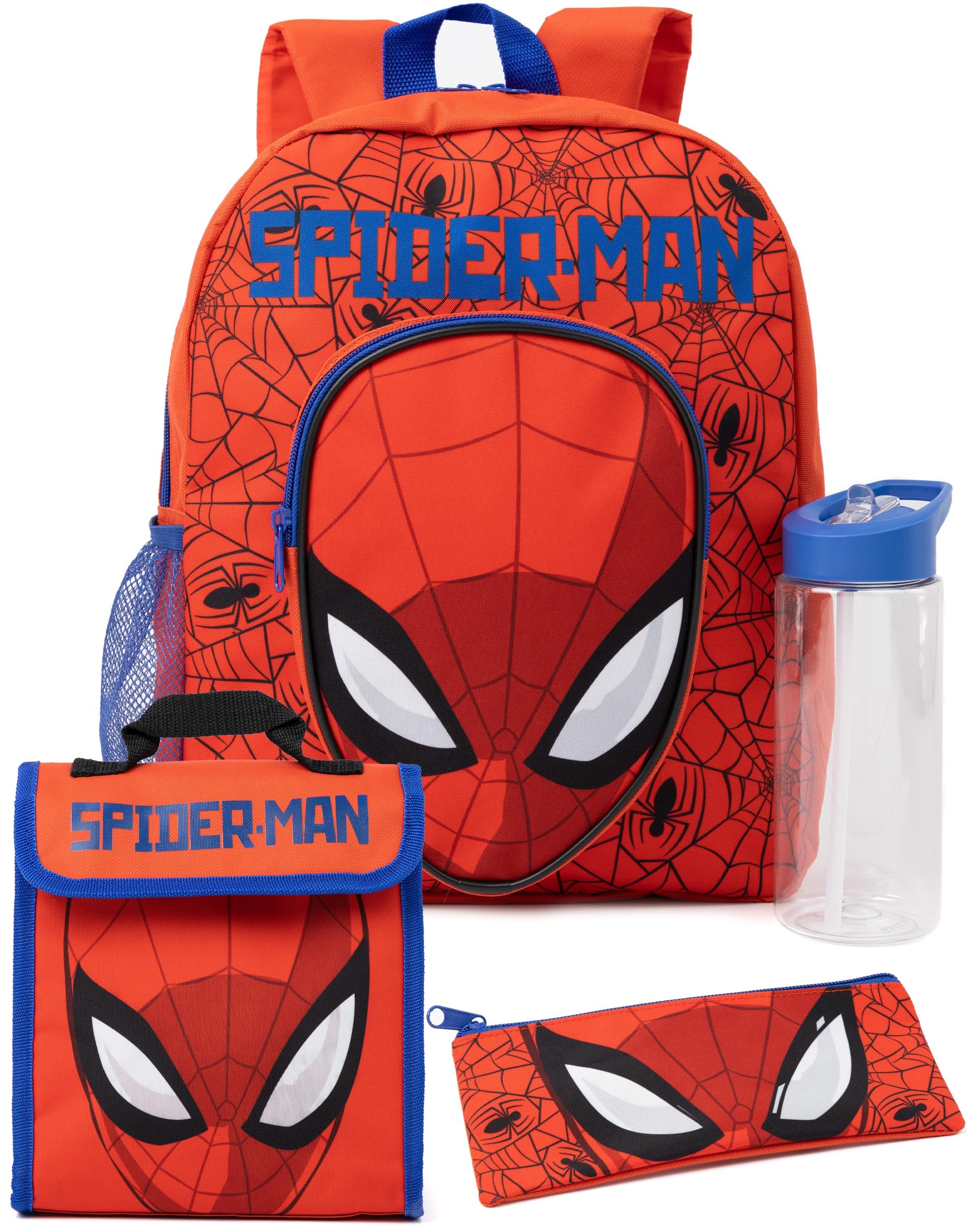 Marvel Spider-Man Boys Backpack | Kids Superhero School Bag Bundle | Rucksack, Lunch Bag, Pencil Case, Water Bottle 4 Pcs Set