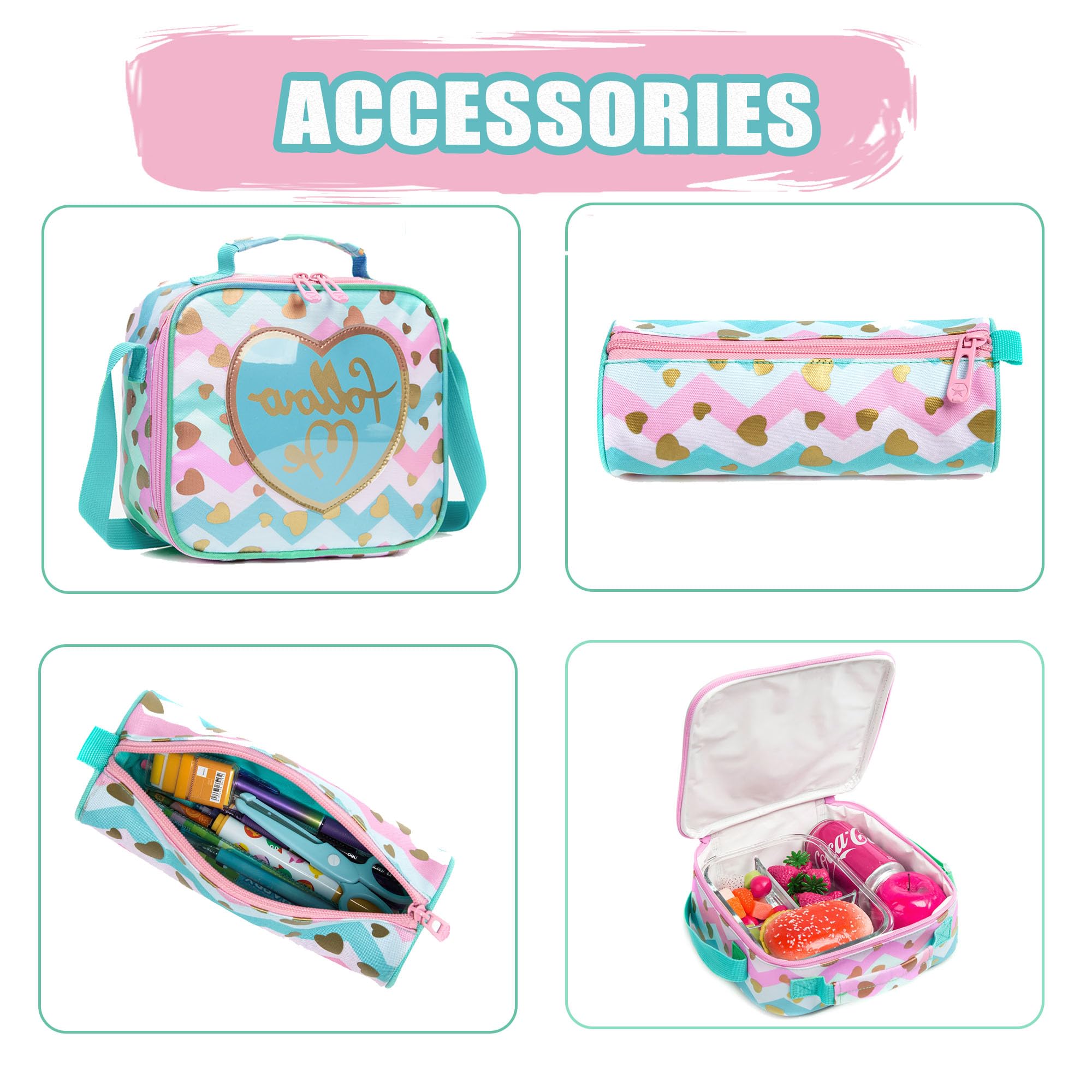 Oruiji Rolling Backpack for Girls Backpack with Wheels for Elementary Primary School Student Rolling Backpack with Lunch Bag Set