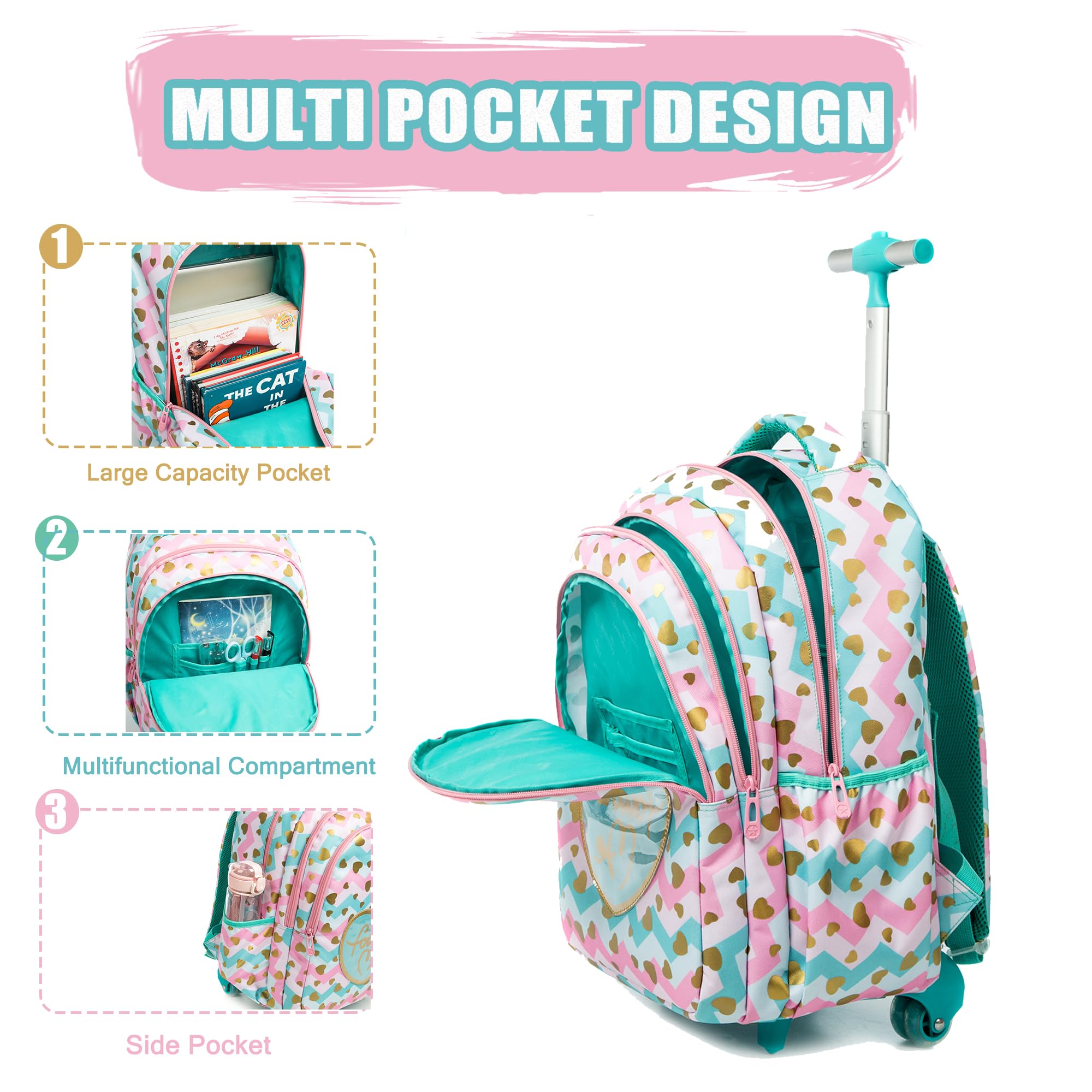 Oruiji Rolling Backpack for Girls Backpack with Wheels for Elementary Primary School Student Rolling Backpack with Lunch Bag Set