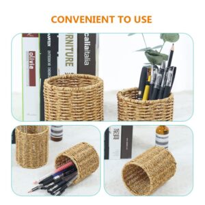 Cabilock Pen Holder Desktop Sundries Organizer Boho Desk Accessories Rattan Storage Bins Pen Cup Table Pen Organizer Pencil Holder Willow Basket Plastic Office Multifunction