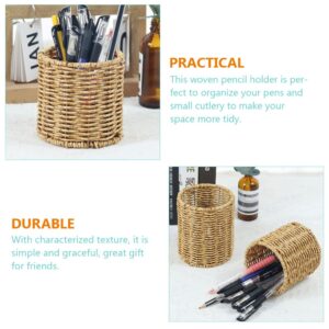 Cabilock Pen Holder Desktop Sundries Organizer Boho Desk Accessories Rattan Storage Bins Pen Cup Table Pen Organizer Pencil Holder Willow Basket Plastic Office Multifunction