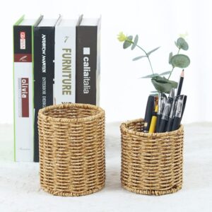 Cabilock Pen Holder Desktop Sundries Organizer Boho Desk Accessories Rattan Storage Bins Pen Cup Table Pen Organizer Pencil Holder Willow Basket Plastic Office Multifunction