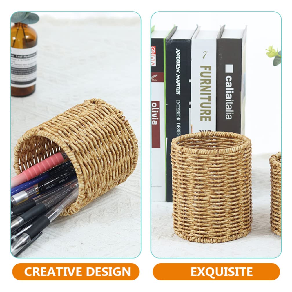 Cabilock Pen Holder Desktop Sundries Organizer Boho Desk Accessories Rattan Storage Bins Pen Cup Table Pen Organizer Pencil Holder Willow Basket Plastic Office Multifunction