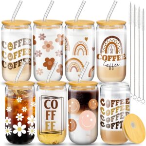 meekoo 8 pcs glass cups with bamboo lids and straws 16 oz beer can shaped iced coffee drinking cup cute pattern gift cups reusable glass tumbler for wine tea water - 4 cleaning brushes (boho)