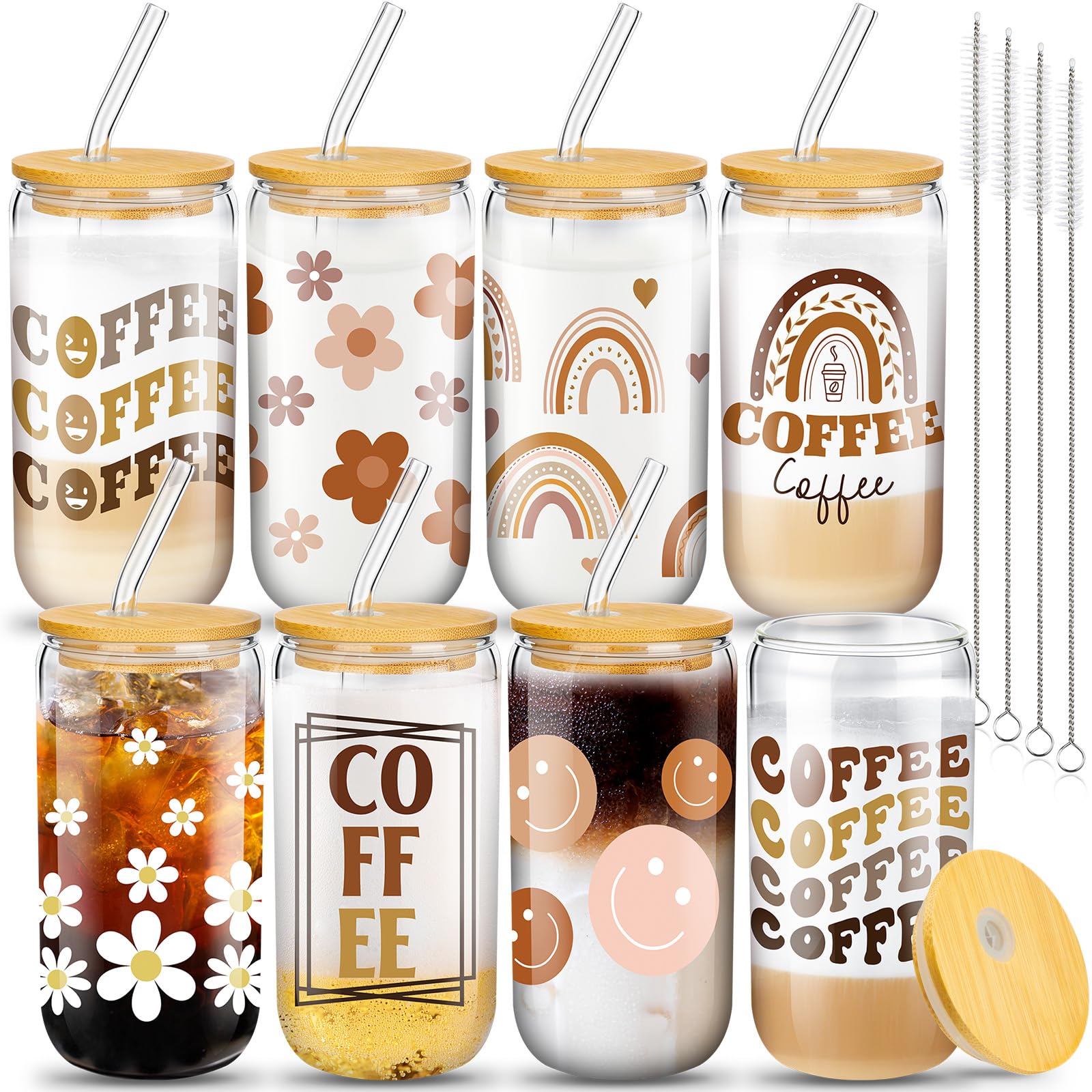 meekoo 8 Pcs Glass Cups with Bamboo Lids and Straws 16 oz Beer Can Shaped Iced Coffee Drinking Cup Cute Pattern Gift Cups Reusable Glass Tumbler for Wine Tea Water - 4 Cleaning Brushes (Boho)