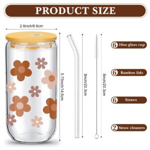 meekoo 8 Pcs Glass Cups with Bamboo Lids and Straws 16 oz Beer Can Shaped Iced Coffee Drinking Cup Cute Pattern Gift Cups Reusable Glass Tumbler for Wine Tea Water - 4 Cleaning Brushes (Boho)