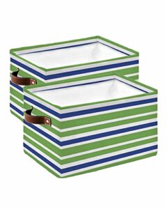 green blue white color stripes storage bins with handles, simple navy color storage basket for shelves, cube storage organizer bins for toys, closet (2 pack, 15" x 11" x 9.5")