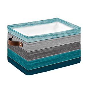 Teal Wood Board Grey Gradient Stripes Storage Bins with Handles, Barn Gray Blue Green Ombre Storage Basket for Shelves, Cube Storage Organizer Bins for Toys, Closet (1 Pack, 15" x 11" x 9.5")