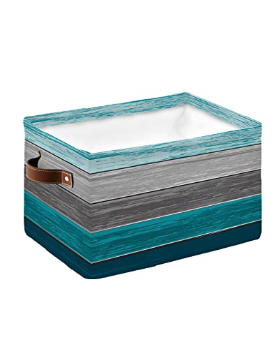 Teal Wood Board Grey Gradient Stripes Storage Bins with Handles, Barn Gray Blue Green Ombre Storage Basket for Shelves, Cube Storage Organizer Bins for Toys, Closet (1 Pack, 15" x 11" x 9.5")