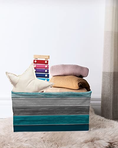 Teal Wood Board Grey Gradient Stripes Storage Bins with Handles, Barn Gray Blue Green Ombre Storage Basket for Shelves, Cube Storage Organizer Bins for Toys, Closet (1 Pack, 15" x 11" x 9.5")