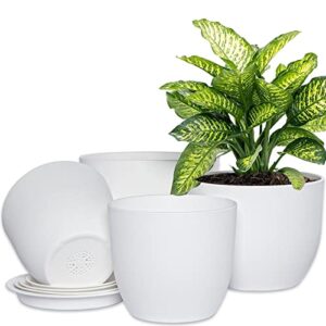 uouz 10/9/8/6.3 inch plant pots, modern plastic planters planting pots with multi drainage holes and saucers for indoor outdoor plants flowers, white