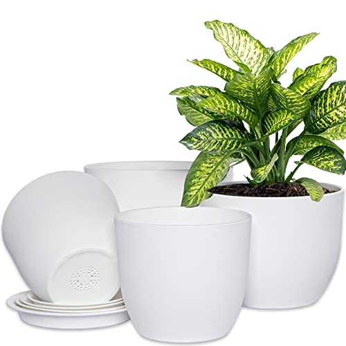 UOUZ 10/9/8/6.3 inch Plant Pots, Modern Plastic Planters Planting Pots with Multi Drainage Holes and Saucers for Indoor Outdoor Plants Flowers, White