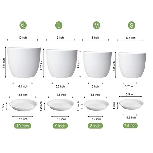 UOUZ 10/9/8/6.3 inch Plant Pots, Modern Plastic Planters Planting Pots with Multi Drainage Holes and Saucers for Indoor Outdoor Plants Flowers, White