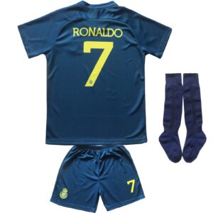 leenbd ronaldo no #7 away nassr riyadh al kids soccer jersey kit shorts socks set youth sizes (blue, 2-3 years old)