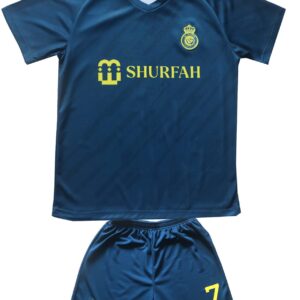 LeenBD Ronaldo No #7 Away Nassr Riyadh Al Kids Soccer Jersey Kit Shorts Socks Set Youth Sizes (Blue, 2-3 Years Old)