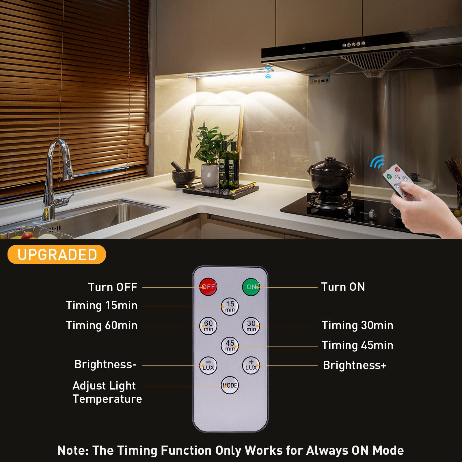 LED Motion Sensor Cabinet Light - Upgraded Remote Control 3 Light Modes Stepless Dimming Under Closet Lights 15.8”, USB Rechargeable Magnetic Lights for Kitchen Wardrobe Cupboard Office 2pcs