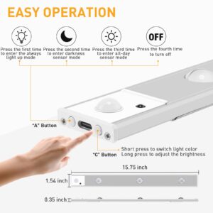 LED Motion Sensor Cabinet Light - Upgraded Remote Control 3 Light Modes Stepless Dimming Under Closet Lights 15.8”, USB Rechargeable Magnetic Lights for Kitchen Wardrobe Cupboard Office 2pcs