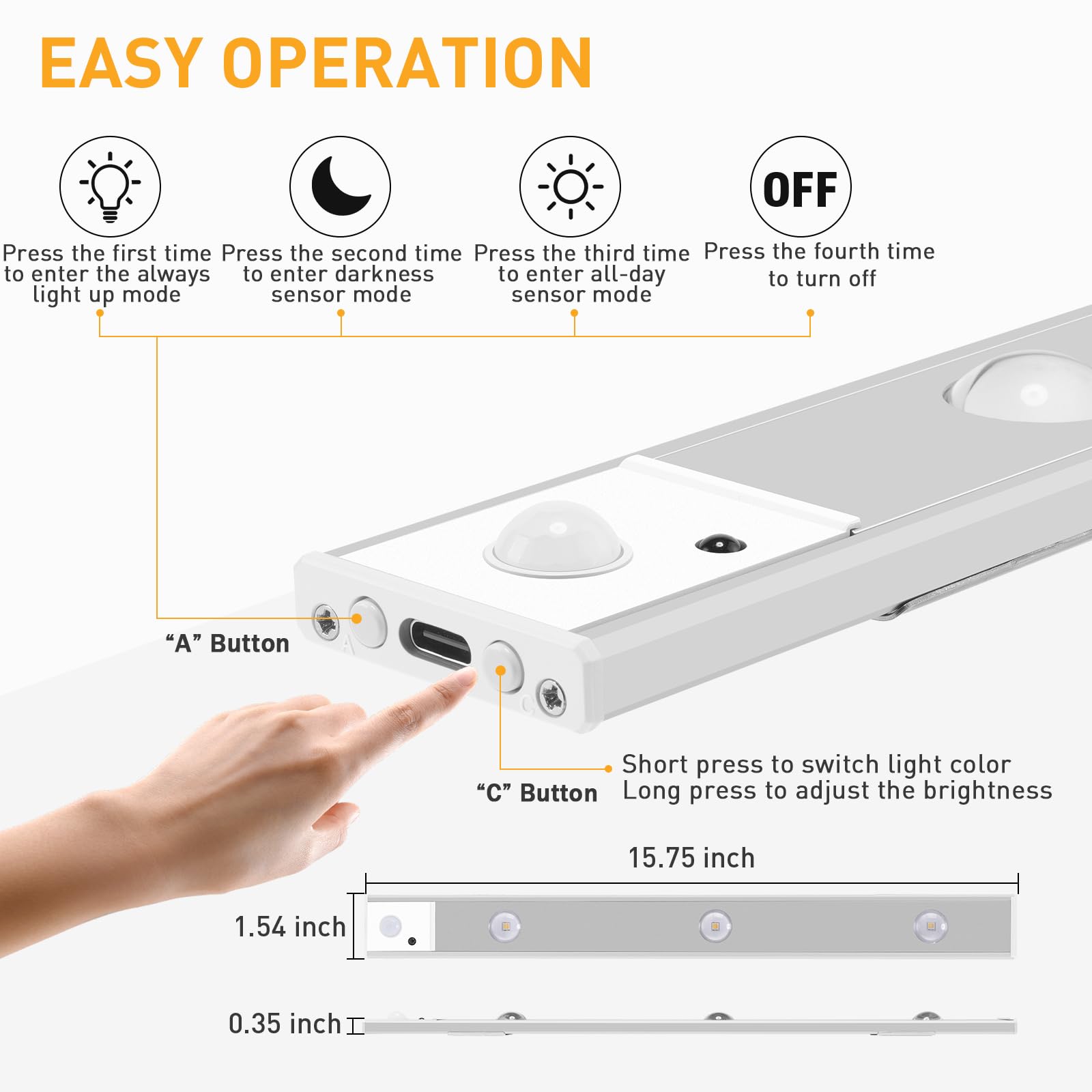 LED Motion Sensor Cabinet Light - Upgraded Remote Control 3 Light Modes Stepless Dimming Under Closet Lights 15.8”, USB Rechargeable Magnetic Lights for Kitchen Wardrobe Cupboard Office 2pcs