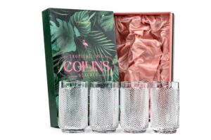 vintage flamingo collins gin and rum cocktail glasses | set of 4 | 12 oz crystal highball glassware for drinking mojito, gin tonic, bar drinks | tropical glassware collection
