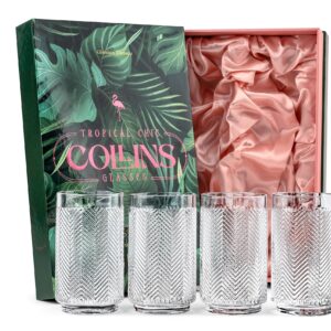 Vintage Flamingo Collins Gin and Rum Cocktail Glasses | Set of 4 | 12 oz Crystal Highball Glassware for Drinking Mojito, Gin Tonic, Bar Drinks | Tropical Glassware Collection