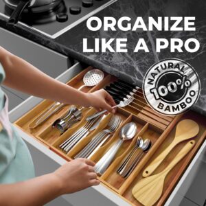 Premium Expandable Kitchen Drawer Organizer - 100% Bamboo Organizer Tray - Great for Silverware, Large Utensils, Flatware, Cutlery - 8 Compartments with Knife Block - Perfectly Fits Your Drawers