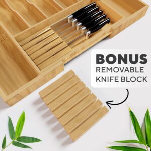 Premium Expandable Kitchen Drawer Organizer - 100% Bamboo Organizer Tray - Great for Silverware, Large Utensils, Flatware, Cutlery - 8 Compartments with Knife Block - Perfectly Fits Your Drawers