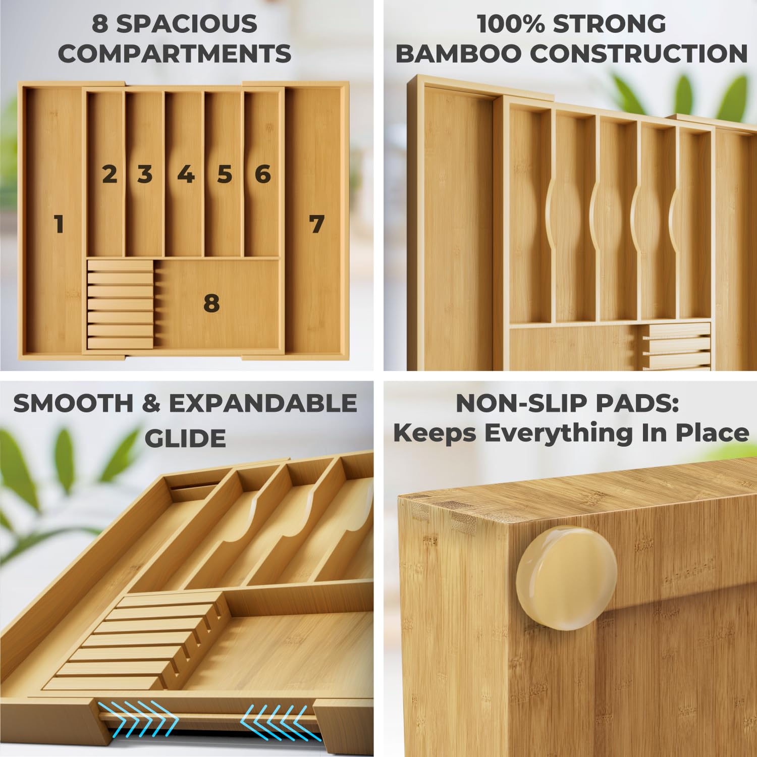 Premium Expandable Kitchen Drawer Organizer - 100% Bamboo Organizer Tray - Great for Silverware, Large Utensils, Flatware, Cutlery - 8 Compartments with Knife Block - Perfectly Fits Your Drawers