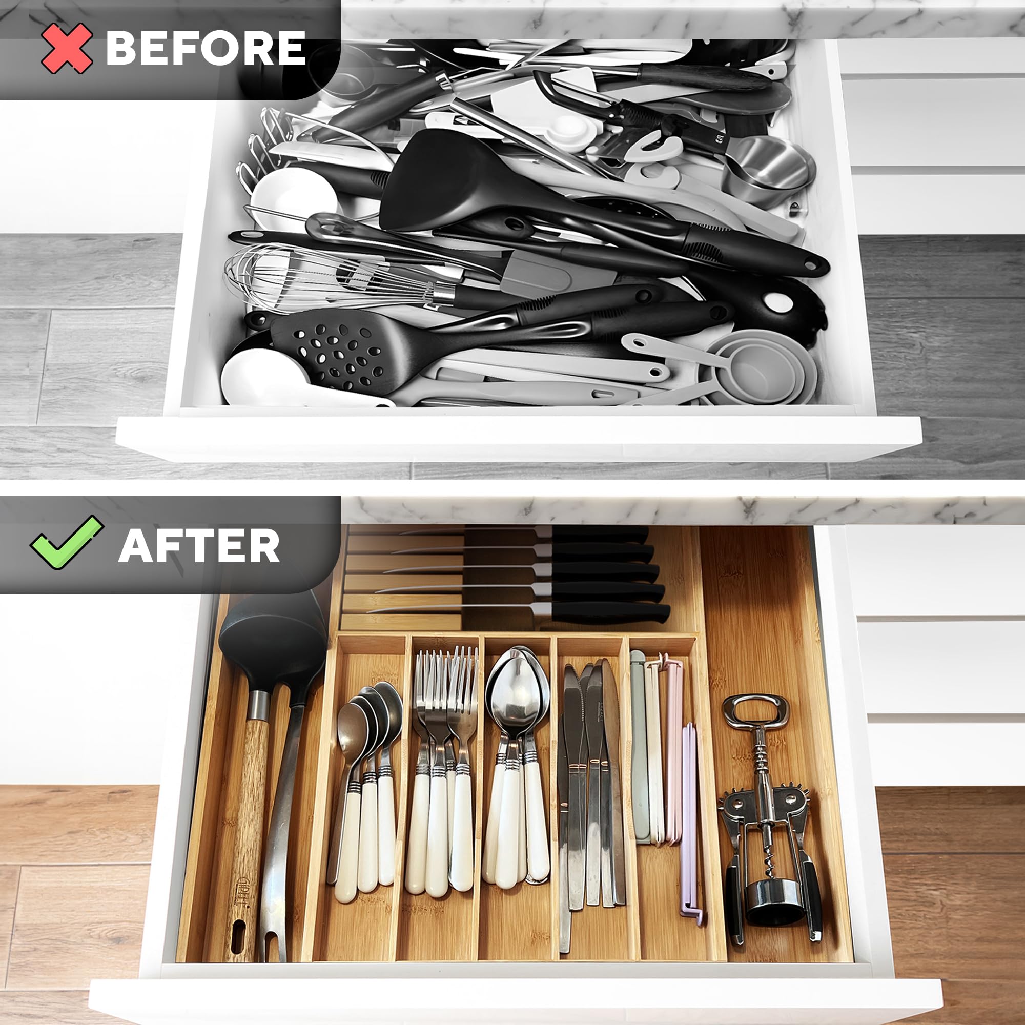 Premium Expandable Kitchen Drawer Organizer - 100% Bamboo Organizer Tray - Great for Silverware, Large Utensils, Flatware, Cutlery - 8 Compartments with Knife Block - Perfectly Fits Your Drawers