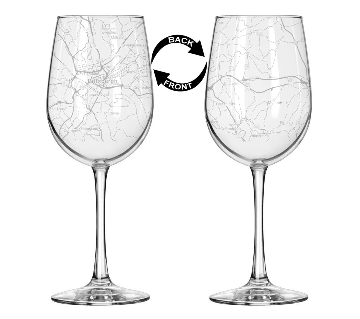 16 oz Tall Stemmed Wine Glass for Red or White Wine Wrap Around City Map Pittsburgh, PA Pennsylvania