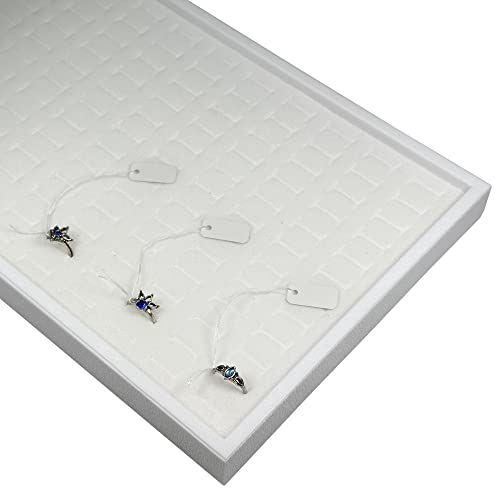 cBox CuteBox Company White Plastic Tray (14.75" x 8.25" x 1") with White 144 Slot Ring Foam Insert and 100pc White String Tags for Pricing, Identification, Organization and Labelling