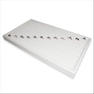 cBox CuteBox Company White Plastic Tray (14.75" x 8.25" x 1") with White 144 Slot Ring Foam Insert and 100pc White String Tags for Pricing, Identification, Organization and Labelling