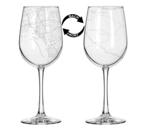 16 oz tall stemmed wine glass for red or white wine wrap around city map san diego, ca california