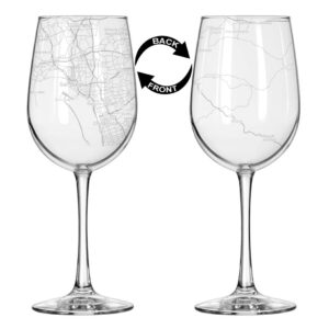 16 oz Tall Stemmed Wine Glass for Red or White Wine Wrap Around City Map San Diego, CA California