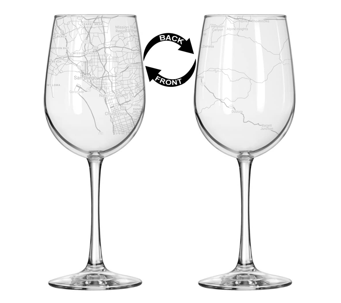 16 oz Tall Stemmed Wine Glass for Red or White Wine Wrap Around City Map San Diego, CA California