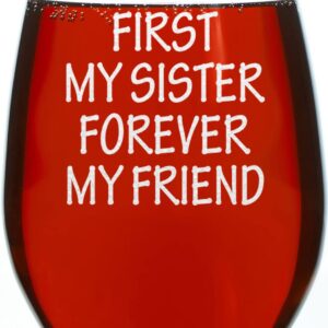 CARVELITA First My Sister Forever My Friends 15oz Engraved Stemless Wine Glass, Sarcastic Gifts For Best Friends, Best Gift For Sister, Funny Gift Idea