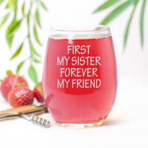 CARVELITA First My Sister Forever My Friends 15oz Engraved Stemless Wine Glass, Sarcastic Gifts For Best Friends, Best Gift For Sister, Funny Gift Idea