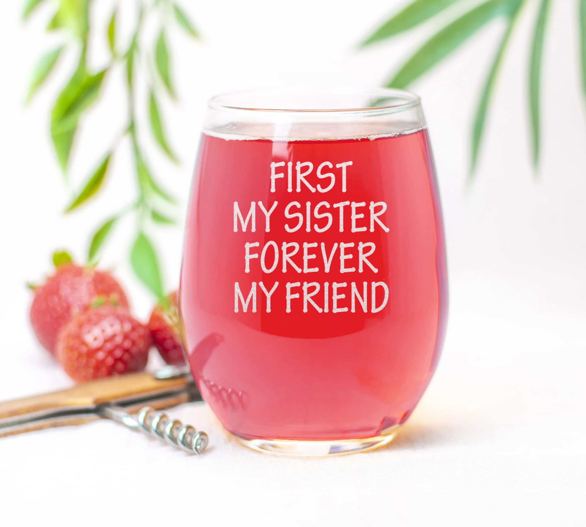 CARVELITA First My Sister Forever My Friends 15oz Engraved Stemless Wine Glass, Sarcastic Gifts For Best Friends, Best Gift For Sister, Funny Gift Idea