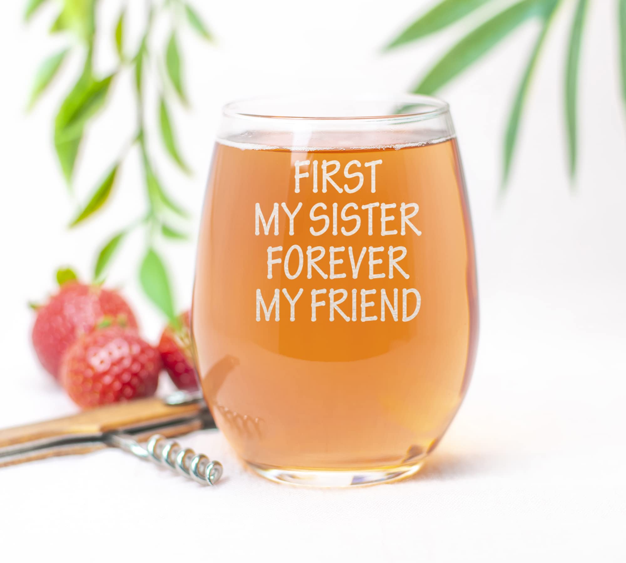 CARVELITA First My Sister Forever My Friends 15oz Engraved Stemless Wine Glass, Sarcastic Gifts For Best Friends, Best Gift For Sister, Funny Gift Idea