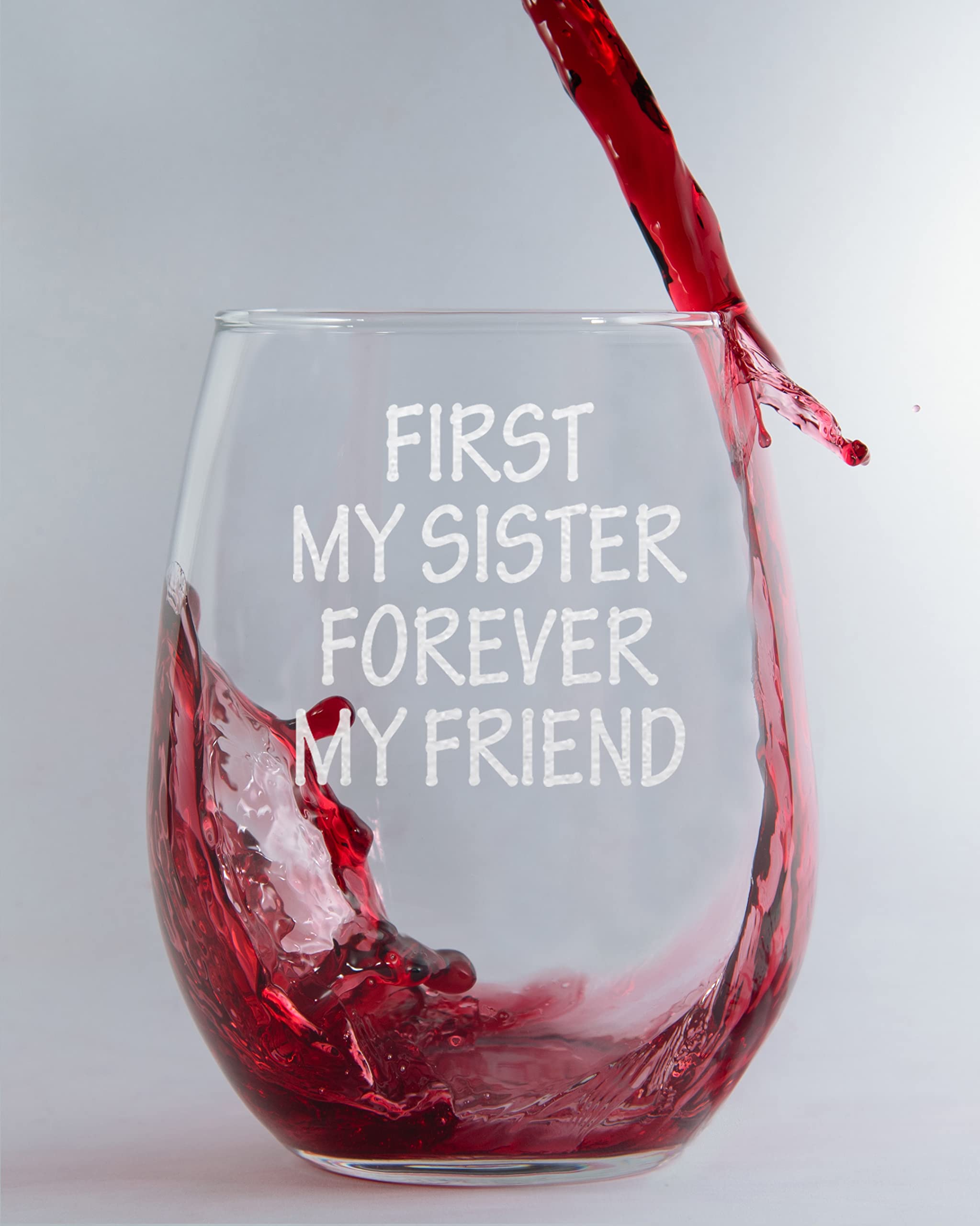 CARVELITA First My Sister Forever My Friends 15oz Engraved Stemless Wine Glass, Sarcastic Gifts For Best Friends, Best Gift For Sister, Funny Gift Idea