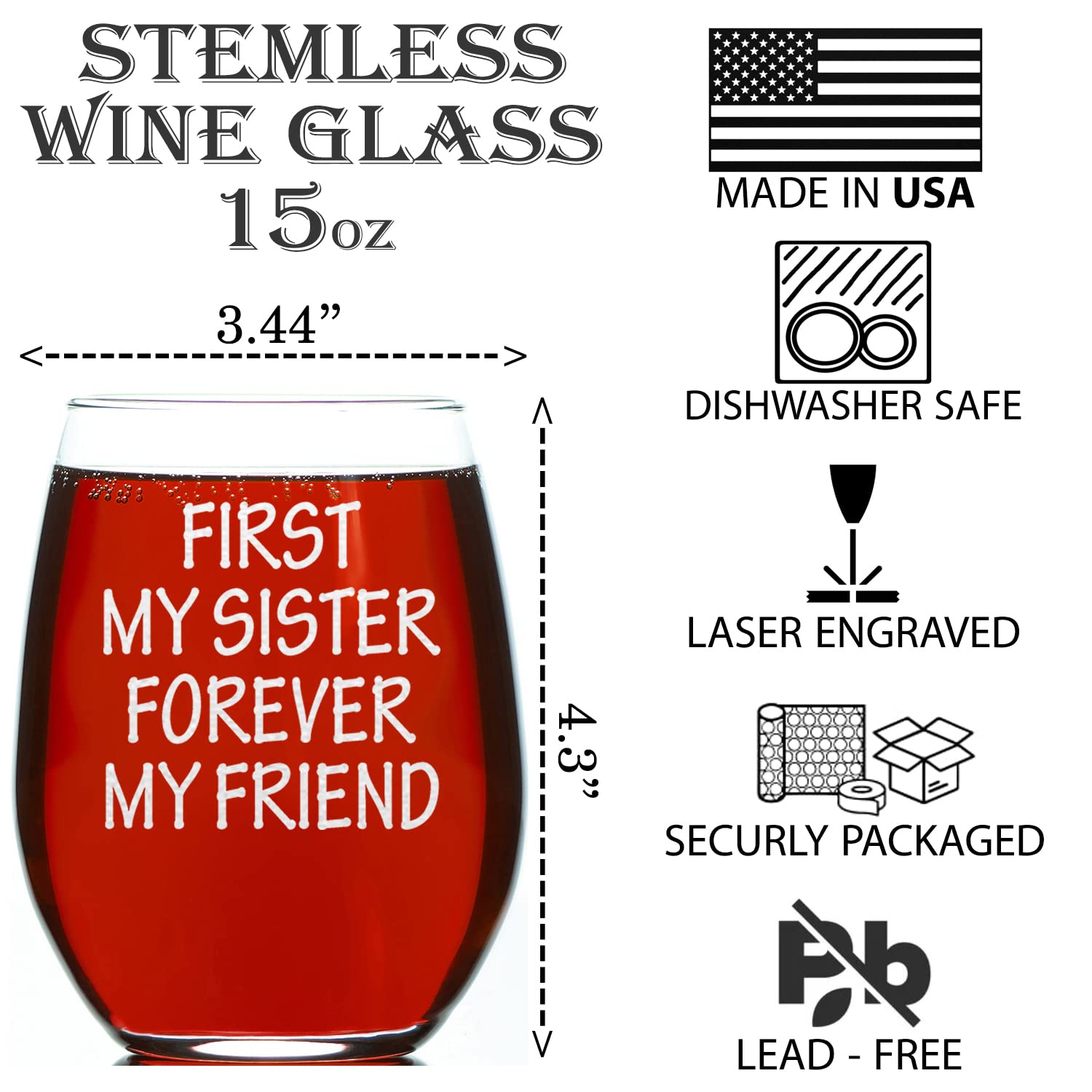 CARVELITA First My Sister Forever My Friends 15oz Engraved Stemless Wine Glass, Sarcastic Gifts For Best Friends, Best Gift For Sister, Funny Gift Idea