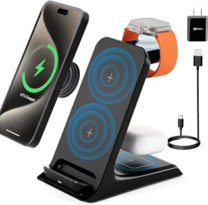 kpon charging station for popsocket/otterbox compatible, 3 in 1 wireless charger for thick cases of 0.39 inch, multiple devices for iphone 15/14/13/12/11/apple watch/airpods
