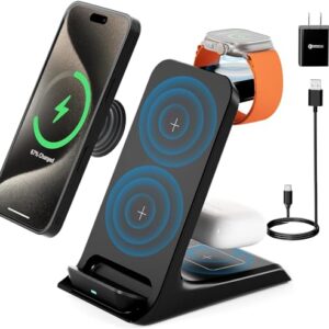 KPON Charging Station for Popsocket/Otterbox Compatible, 3 in 1 Wireless Charger for Thick Cases of 0.39 inch, Multiple Devices for iPhone 15/14/13/12/11/Apple Watch/Airpods