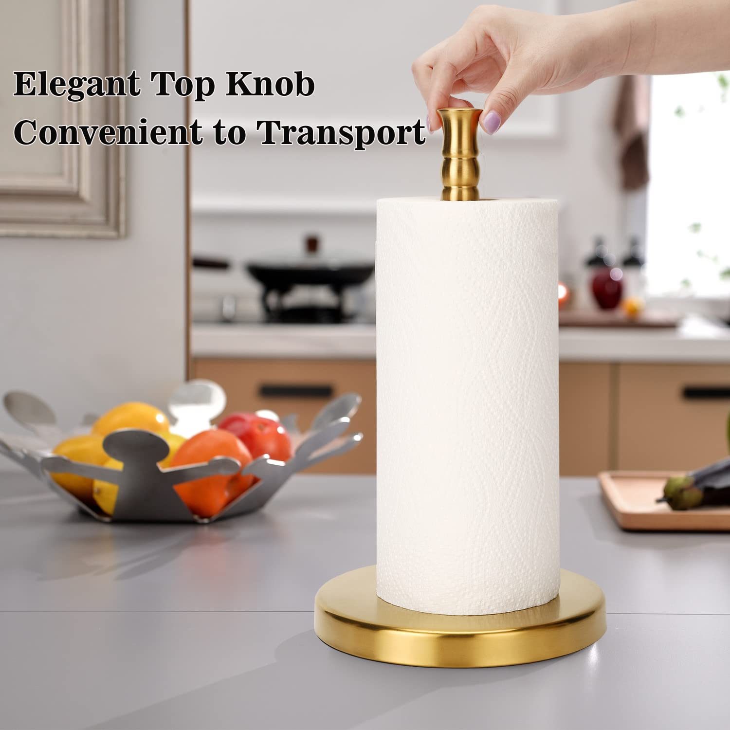 Sfemn Paper Towel Holder Countertop, Weighted Base for One-Handed Tear, Free Standing Paper Towel Holder Stand, Stainless Steel Paper Towel Dispenser for Kitchen Countertop (Brushed Gold)