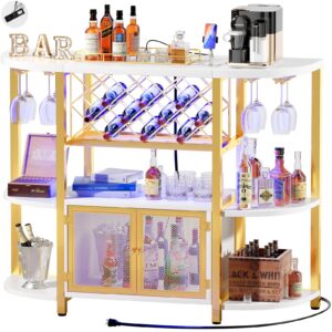 unikito gold liquor bar with led light, wine cabinet with outlet, freestanding wine rack table with door, coffee bar cabinet for liquor and glass, floor bar table stand with wine storage rack, white