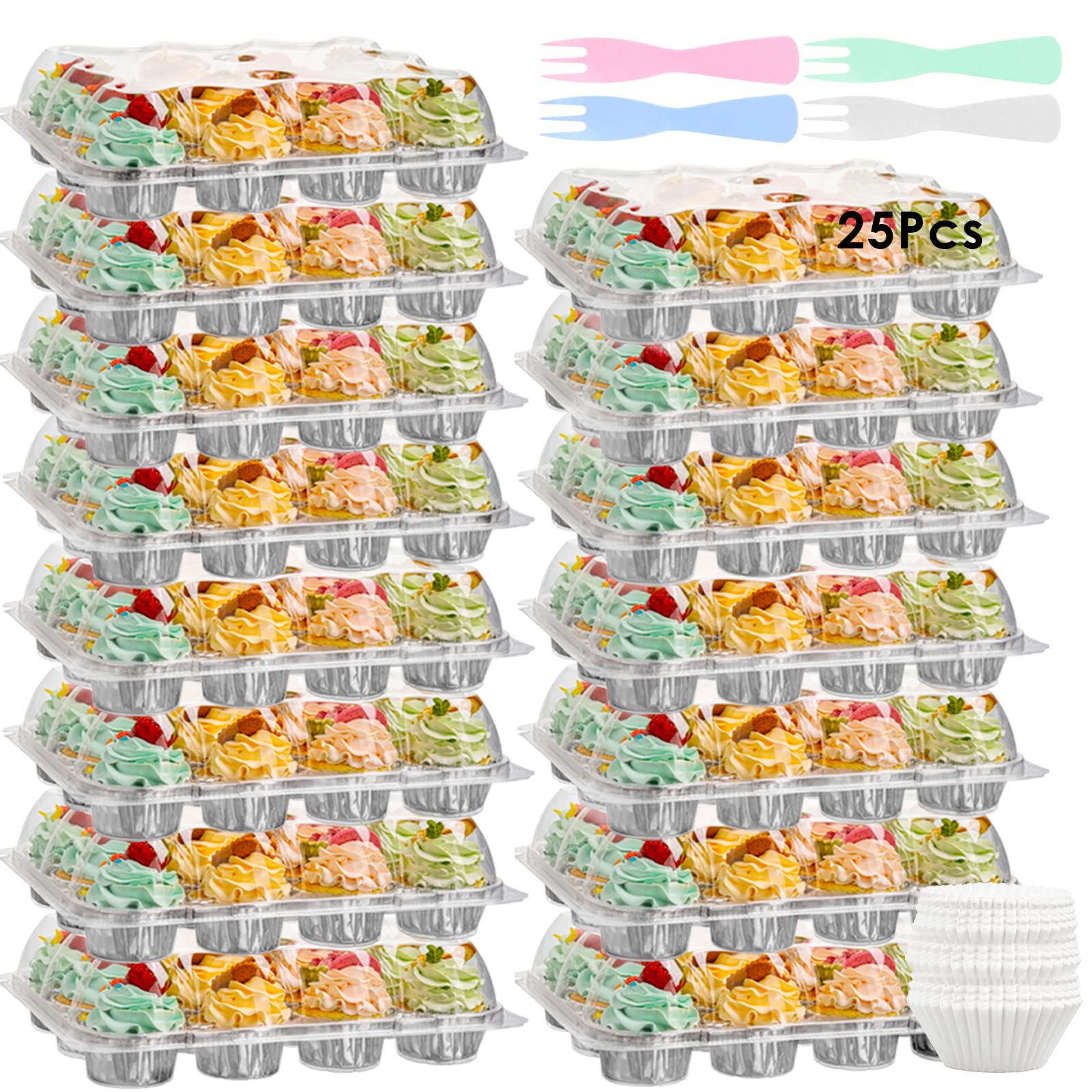 wookgreat (12 Pack x 25 Sets) Stackable Cupcake Carrier with 300 Pack Cupcake Liners and 30 Spoons, Plastic Cupcake Boxes Holders for 12 Cupcakes, Cupcake Containers, Clear Disposable Cupcake Trays