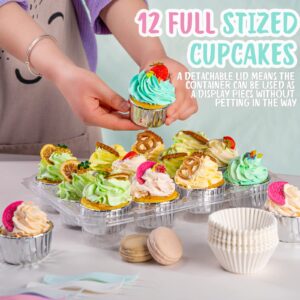 wookgreat (12 Pack x 25 Sets) Stackable Cupcake Carrier with 300 Pack Cupcake Liners and 30 Spoons, Plastic Cupcake Boxes Holders for 12 Cupcakes, Cupcake Containers, Clear Disposable Cupcake Trays