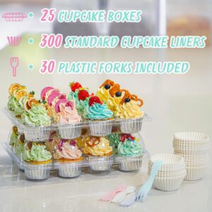 wookgreat (12 Pack x 25 Sets) Stackable Cupcake Carrier with 300 Pack Cupcake Liners and 30 Spoons, Plastic Cupcake Boxes Holders for 12 Cupcakes, Cupcake Containers, Clear Disposable Cupcake Trays