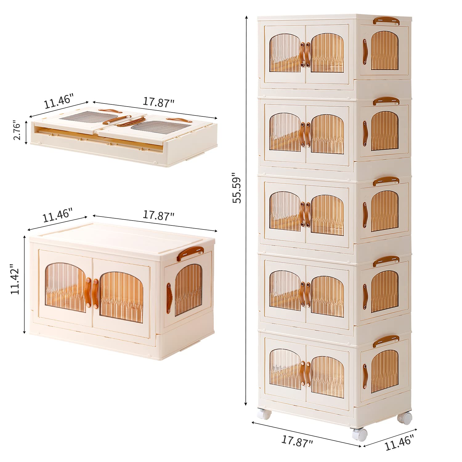 EHAMILY Stackable Storage Bins with 1 Lid Set 5 Tier,8.4 Gal Clear Plastic Folding Storage Box with Wheel and Door,Large Foldable Cabinet Collapsible Bin for Closet Organizer,Clothes,White