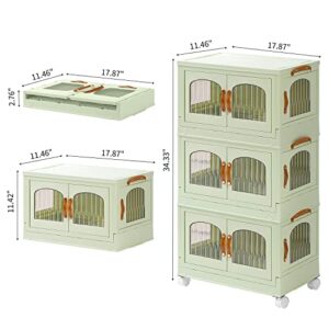 EHAMILY Stackable Storage Bins with 1 Lid Set 3 Tier,8.4 Gal Clear Plastic Folding Storage Box with Wheel and Door,Large Foldable Cabinet Collapsible Bin for Closet Organizer,Clothes,Green